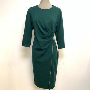 New! Calvin Klein Elegant Green 3/4 Sleeve Front Zip Detail Sheath Dress